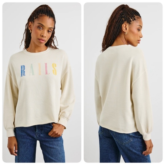 Rails Signature Sweatshirt Ivory Rainbow Lettering Women’s M Terry Casual Prep - Picture 1 of 12